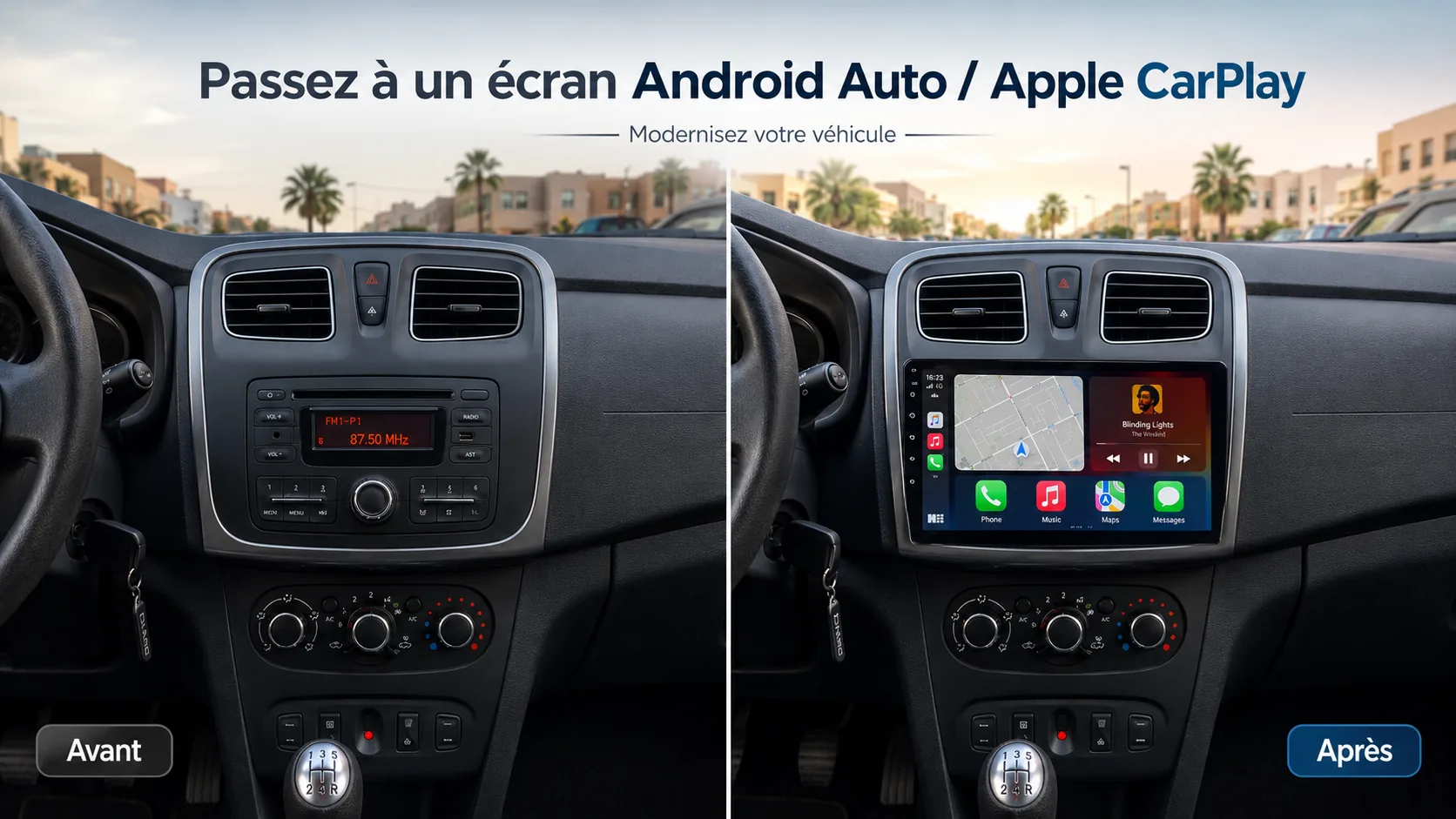 Avant et après l'installation d'un écran Android Auto et Apple CarPlay dans une voiture